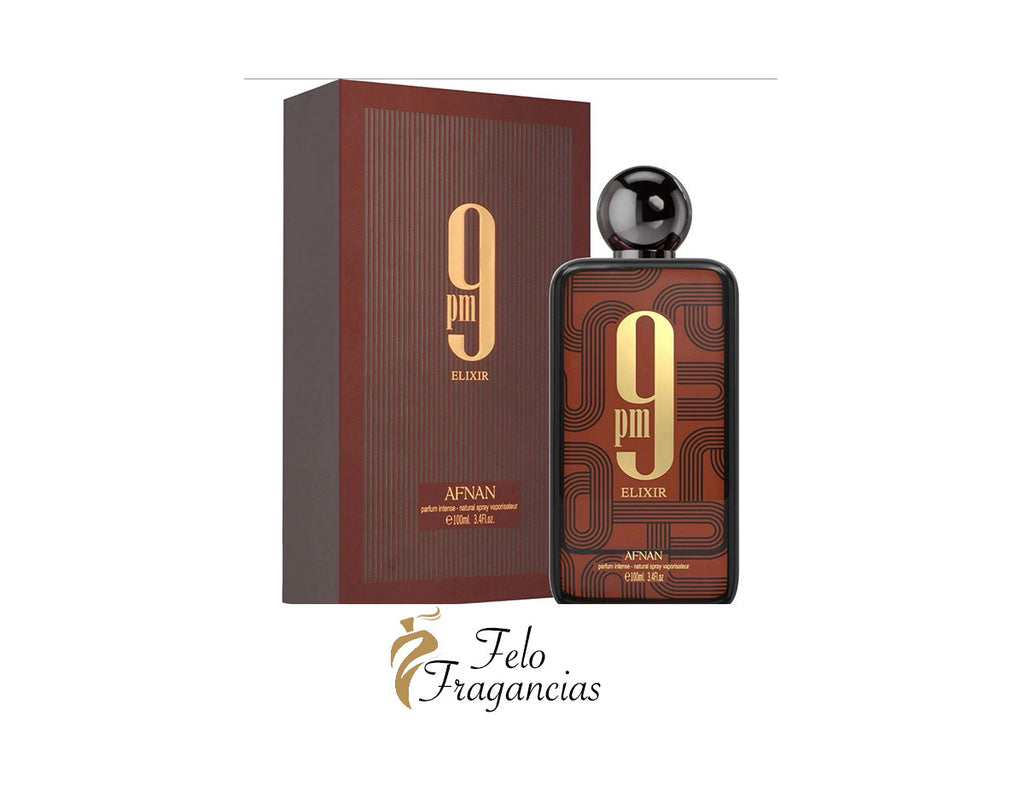 9 PM Elixir eau de parfum 100ml bottle with matching gift box, dark amber