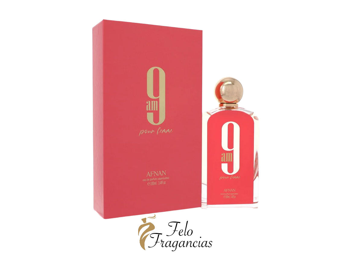 9 AM Pour Femme 100ml eau de parfum, red glass bottle with gold cap and matching box