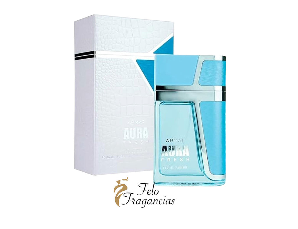 Frasco de eau de parfum Afnan Aura Fresh junto a caja blanca y azul