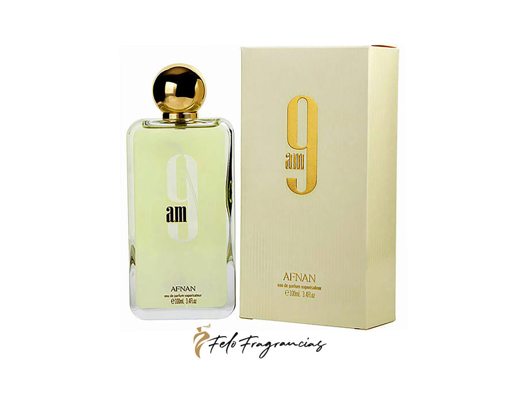 9 am Pour Femme eau de parfum 100 ml bottle with gold cap and matching box
