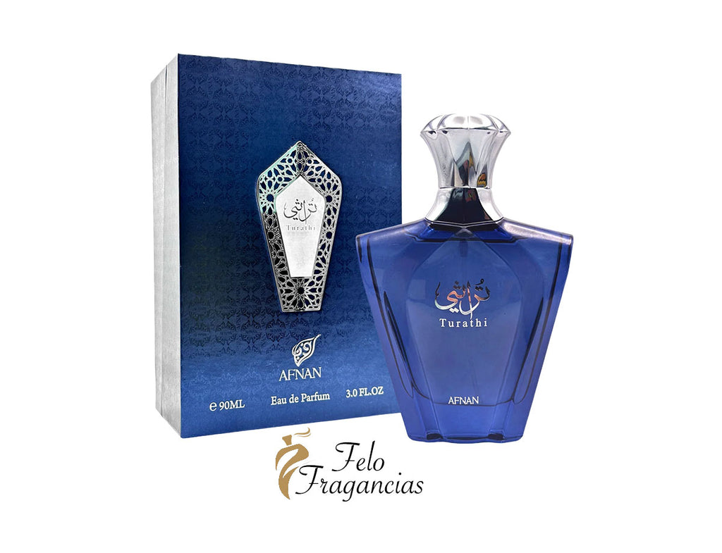 Turathi Blue eau de parfum bottle with dark blue glass and faceted silver cap, 100ml