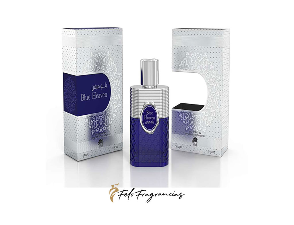 Set de Eau de Parfum Al Fares Blue Heaven 100 ml, frasco azul y cajas grises.