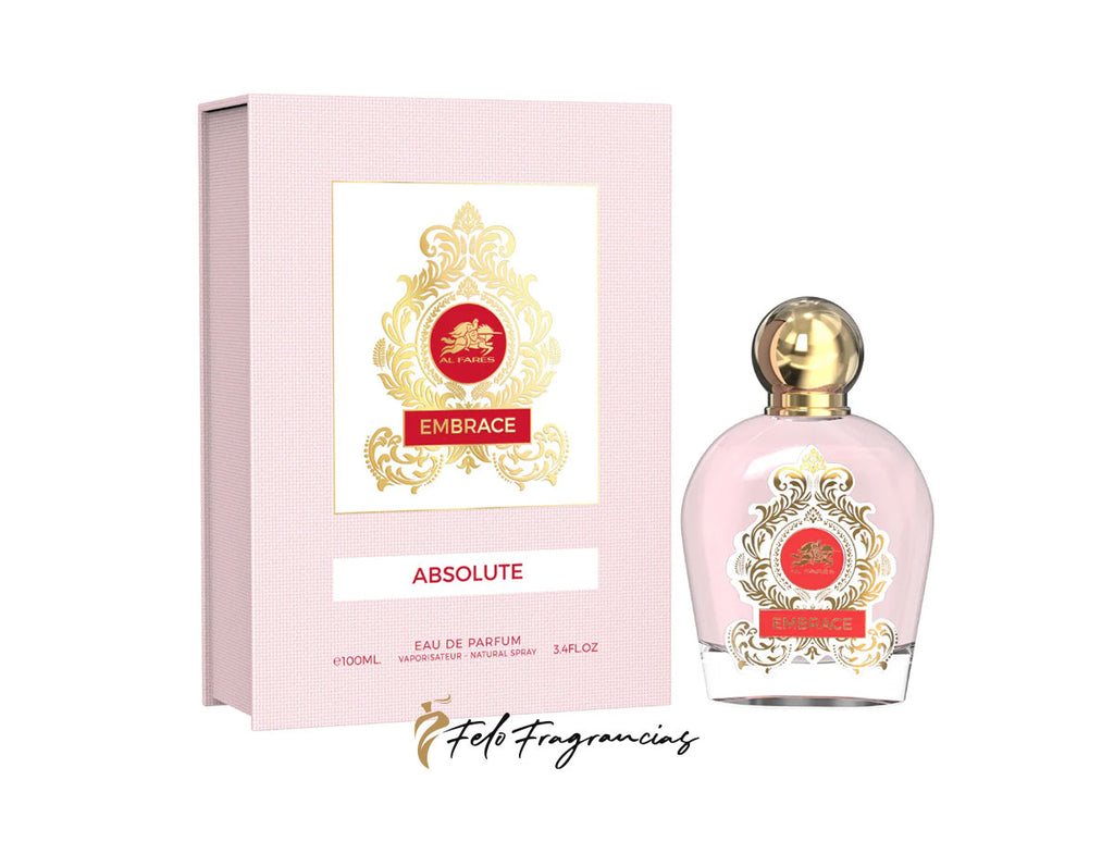 Caja y botella de eau de parfum rosa con tapa dorada y etiqueta EMBRACE