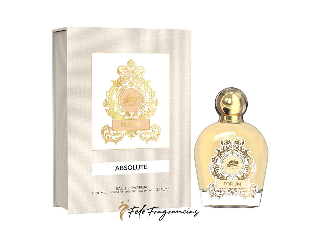 Perfume Al Fares Absolute Forum con caja beige y frasco ámbar con tapa dorada