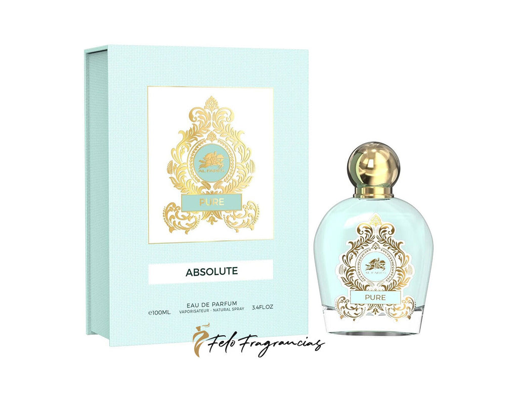 Perfume Al Fares Absolute Pure: caja turquesa y frasco turquesa con tapa dorada