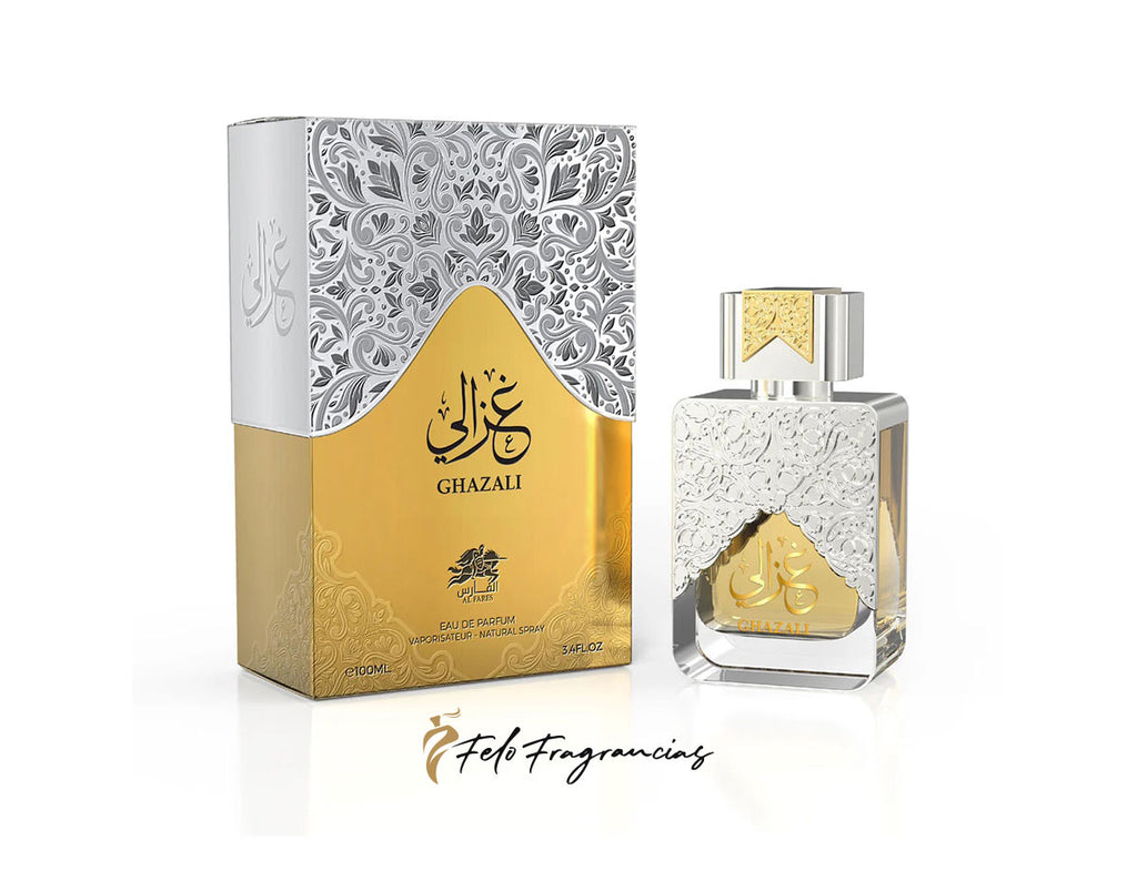 Perfume Al Fares Ghazali Eau de Parfum 100 ml: caja y frasco plateado con panel dorado