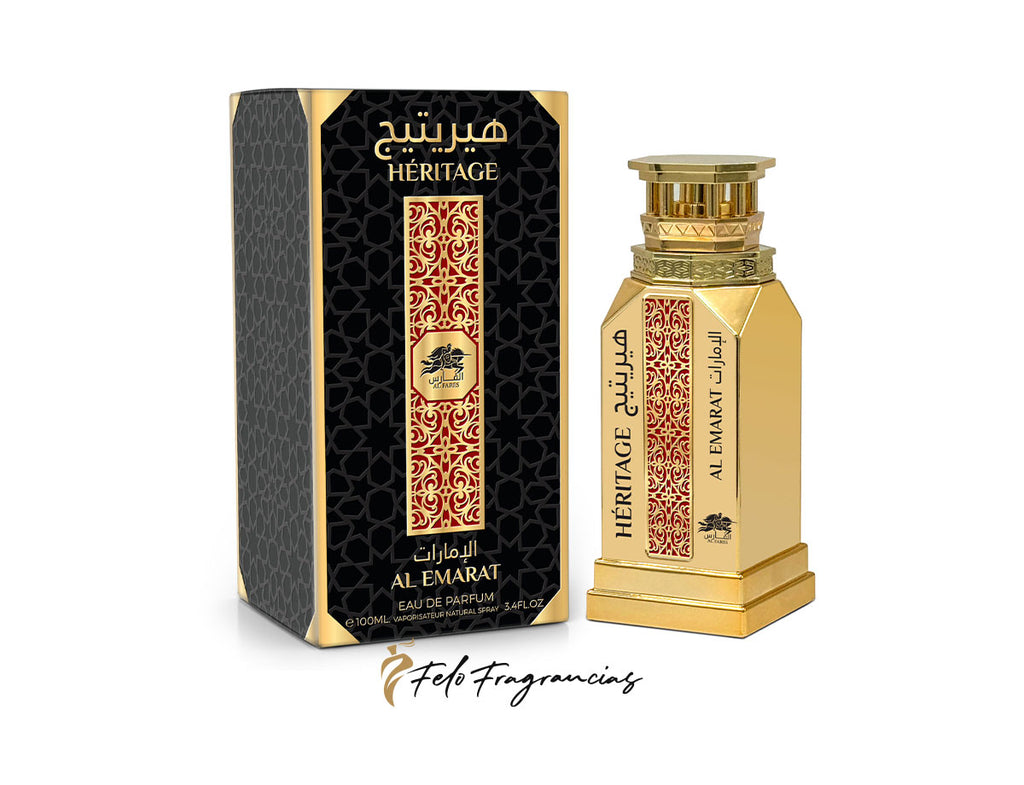 Perfume en frasco dorado con caja negra y diseño con arabescos