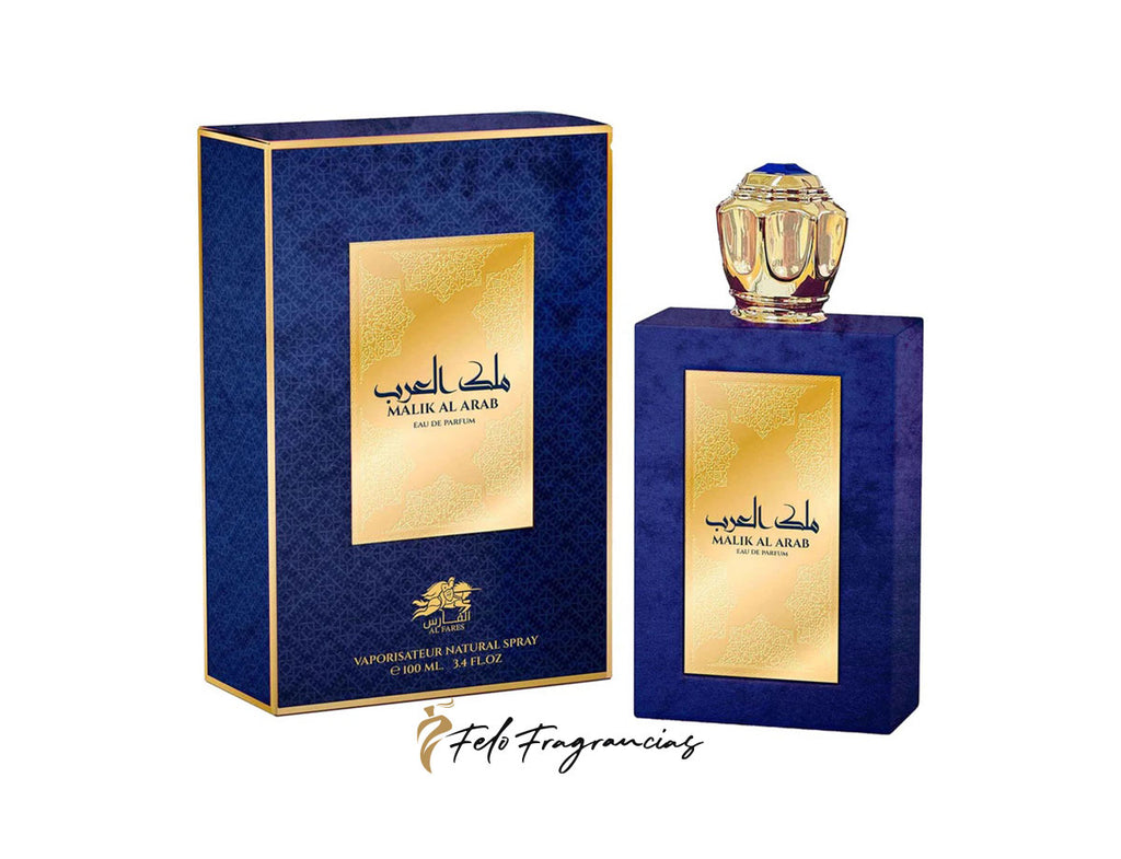 Set de eau de parfum Al Fares Malik Al Arab 100 ml: frasco y caja azul