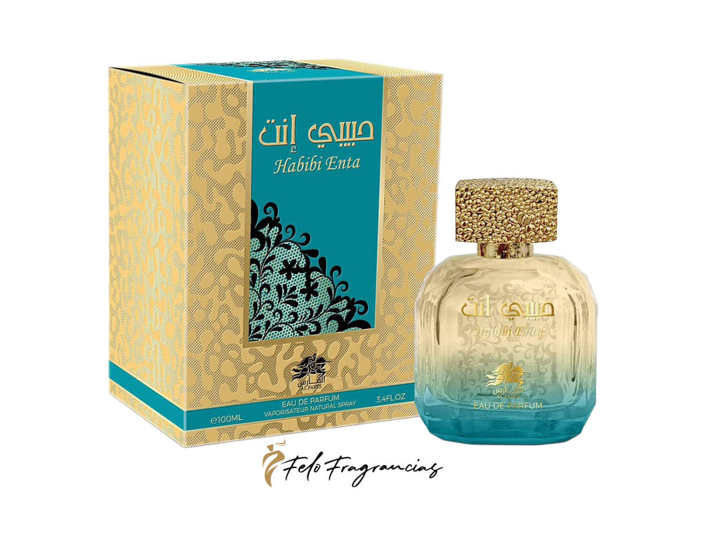 Caja y frasco de eau de parfum Al Fares Habibi Enta 100 ml, tapa dorada
