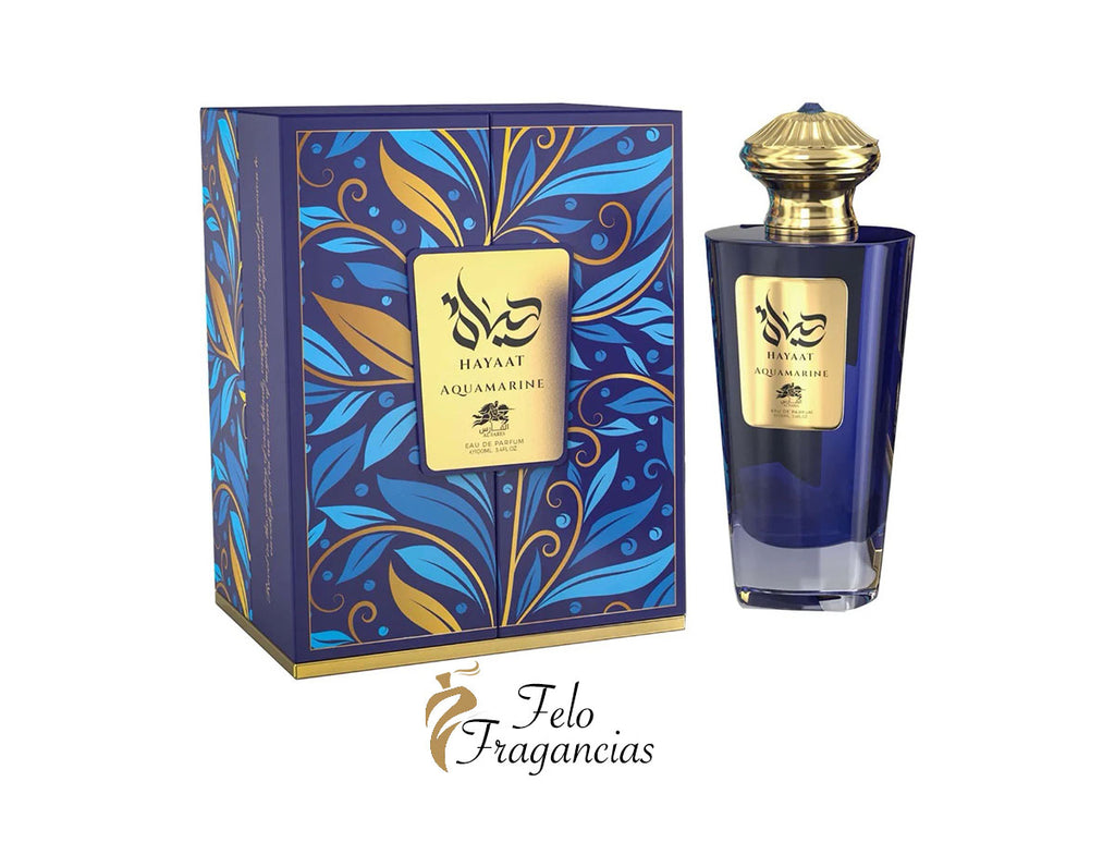 Perfume Al Fares Hayaat Aquamarine: caja azul y frasco de vidrio con tapa dorada
