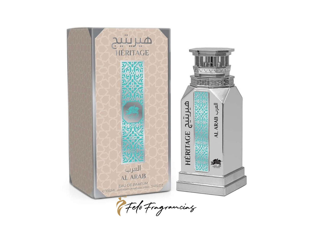 Eau de Parfum Al Fares Heritage Al Arab con caja y frasco plateado, etiqueta turquesa.