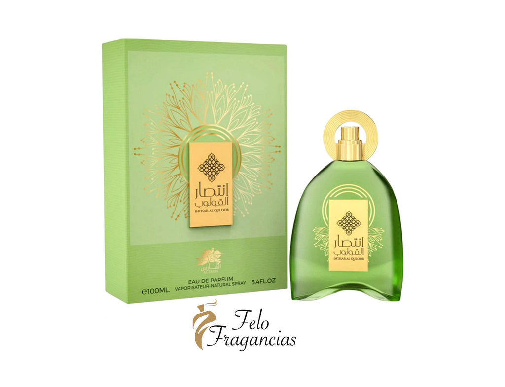 Perfume Eau de Parfum verde con caja verde y tapa dorada