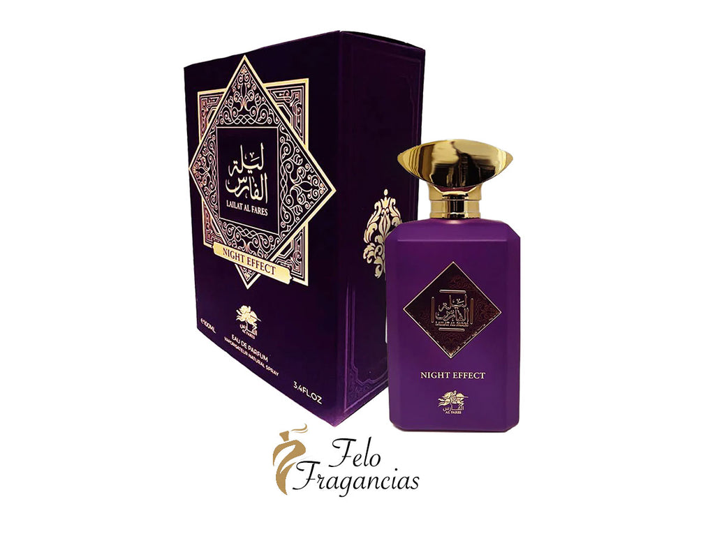 Night Effect eau de parfum bottle with purple box, gold cap and decorative label, 100 ml