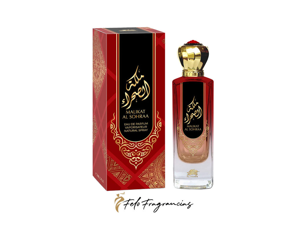 Perfume Al Fares Malikat Al Sohraa 100 ml con caja y frasco dorado