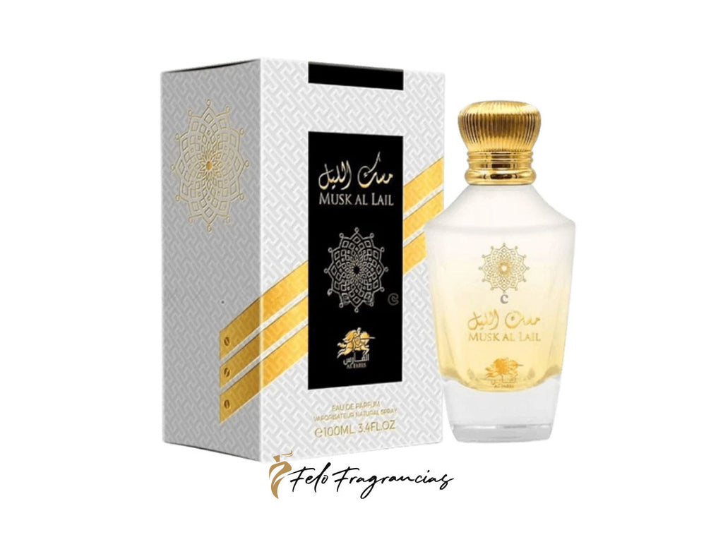 Caja y frasco de perfume Al Fares Musk Al Lail EDP 100 ml, tapa dorada