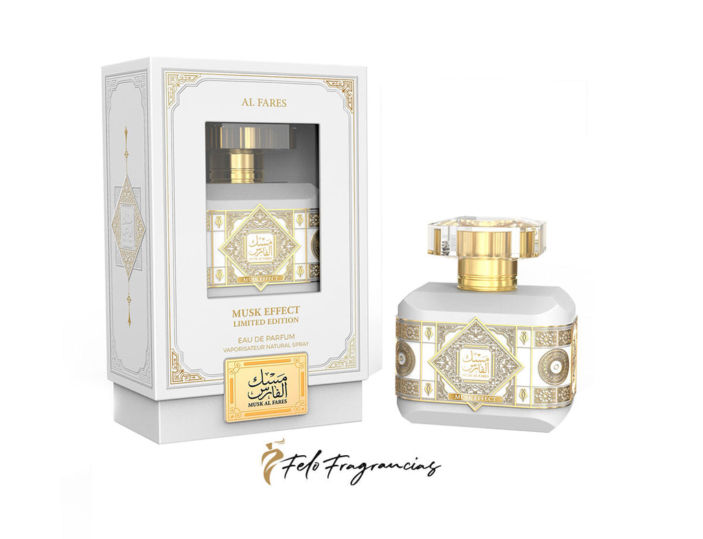 Estuche y frasco de Al Fares Musk Effect Eau de Parfum con decoración dorada