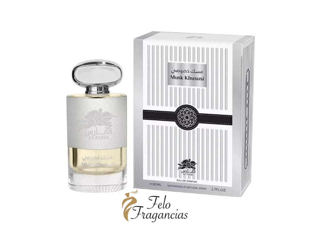 Perfume Al Fares Musk Khususi Eau de Parfum 100 ml, frasco y caja con diseño a rayas