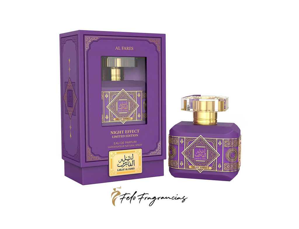 Perfume Al Fares Night Effect: frasco y caja morados con detalles dorados