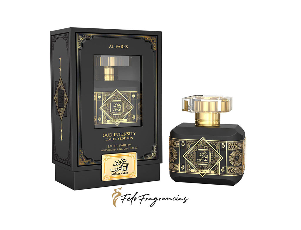 Eau de parfum en botella negra con tapa dorada y caja negra a juego