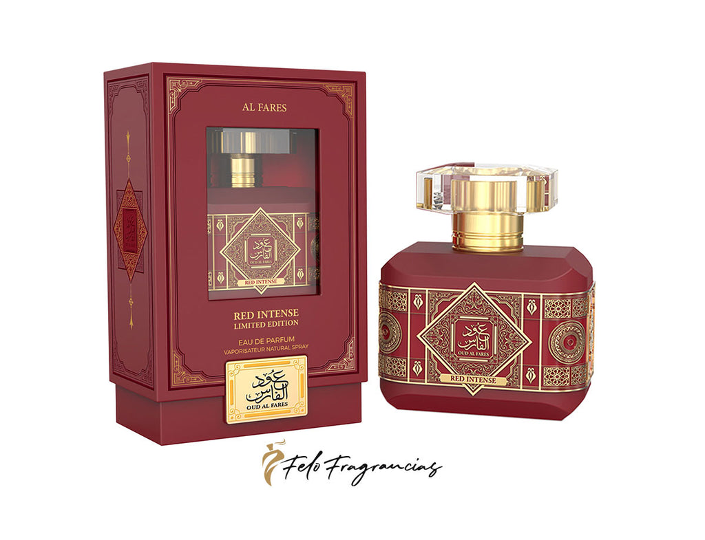 Eau de parfum Al Fares Red Intense, botella y caja con diseño rojo