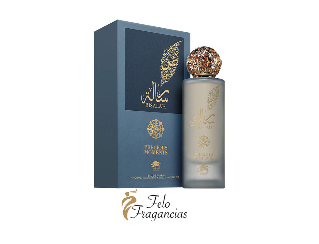 Eau de parfum Al Fares Risalah Precious Moments, frasco azul y caja, 100 ml