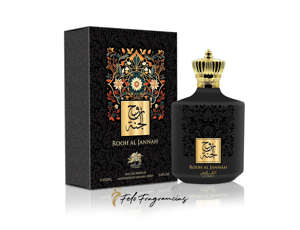 Set de Eau de Parfum: caja negra y botella negra con tapa dorada Rooh Al Jannah