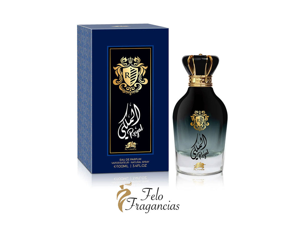 Caja y frasco de eau de parfum Al Fares Royal 100 ml, azul y negro