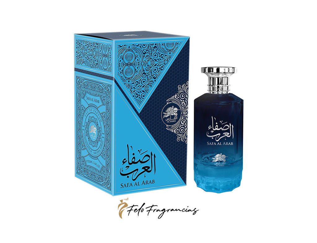 Perfume Al Fares Safa Al Arab Eau de Parfum 100 ml: caja azul y frasco con atomizador.