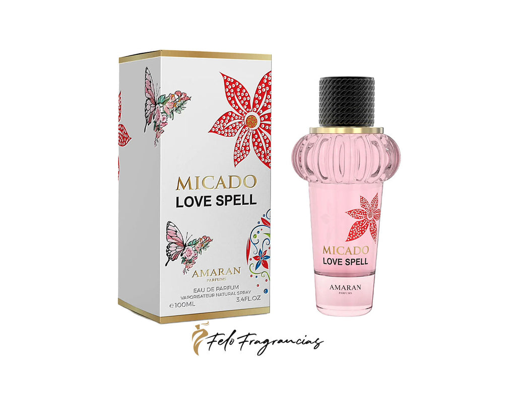 Estuche y frasco rosado Amaran Micado Love Spell Eau de Parfum con tapa negra