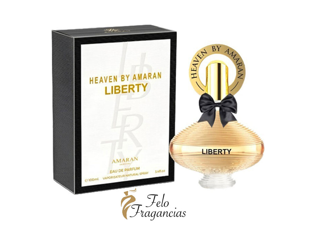 Set de Eau de Parfum con caja y frasco dorado-rosado Amaran Liberty, moño negro.