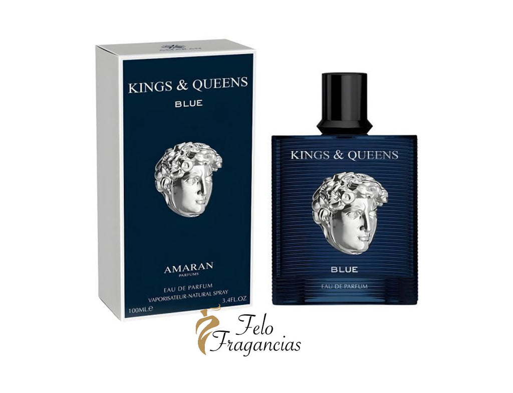 Caja y frasco de perfume Kings & Queens Blue, azul, con tapa negra