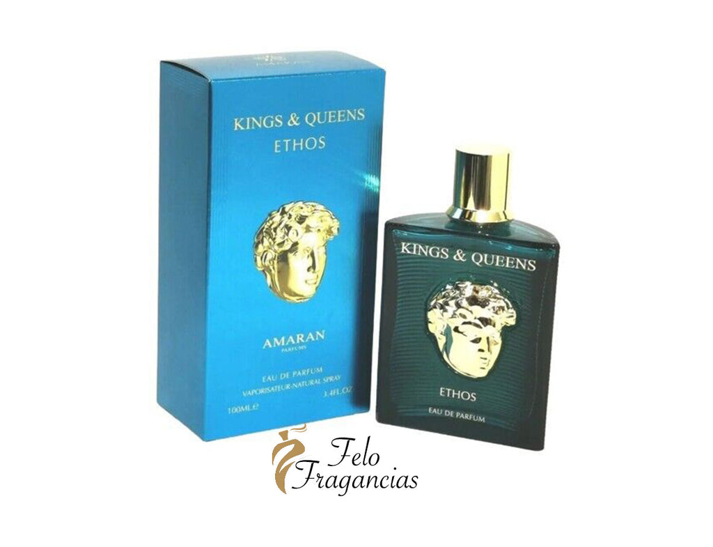 Caja y frasco de perfume Eau de parfum Amaran Kings & Queens Ethos, tapa dorada