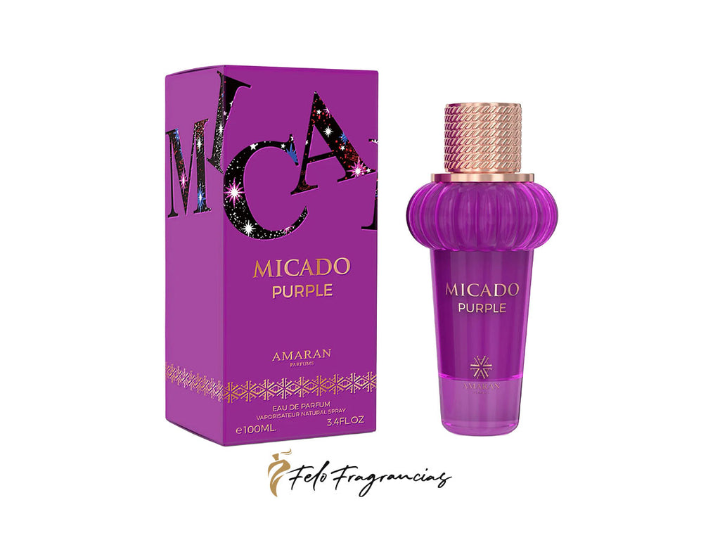 Perfume Amaran Micado Purple: frasco morado con tapa dorada y caja morada.
