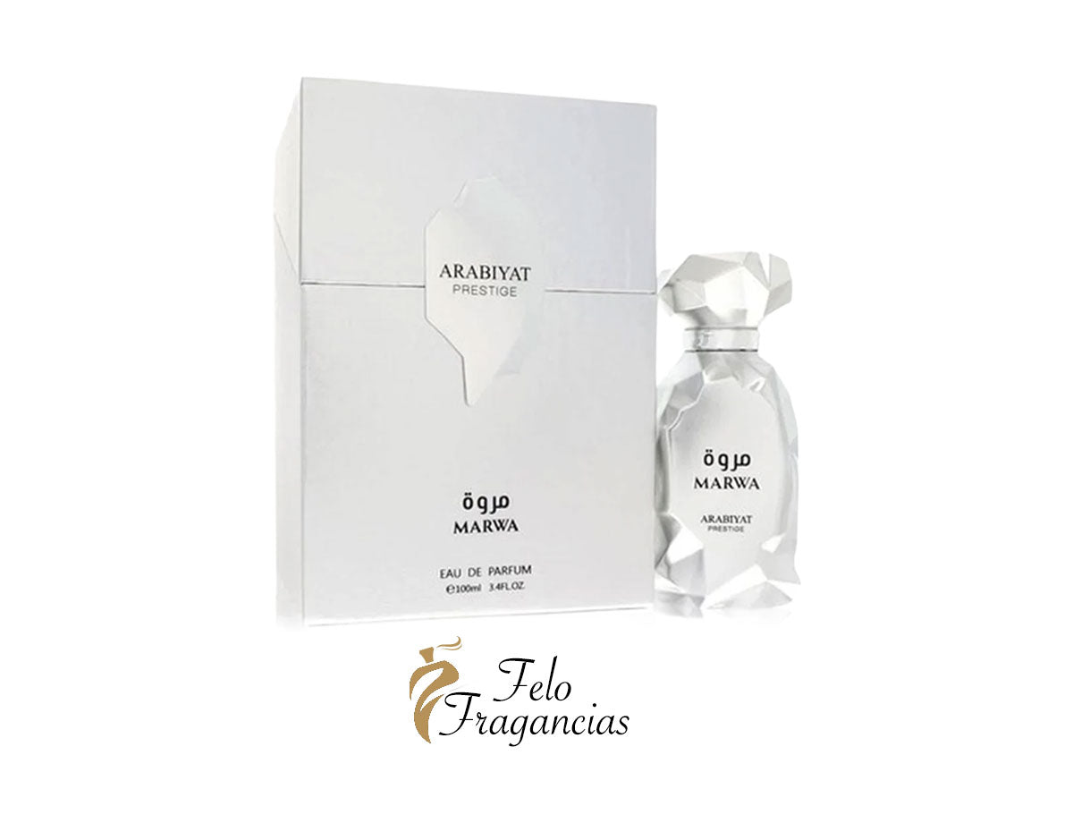 Marwa Eau de Parfum 100ml set: white gift box and faceted glass bottle.