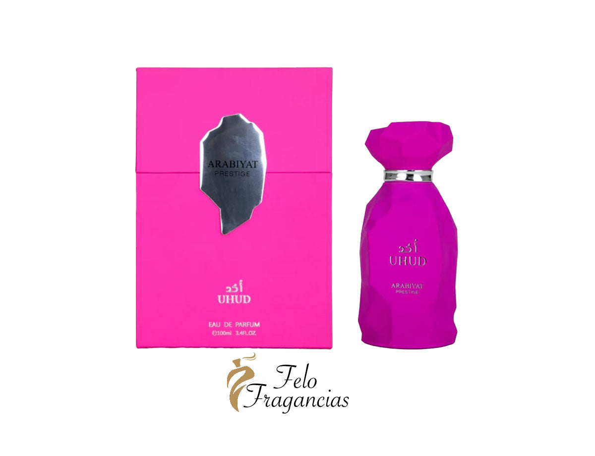Uhud eau de parfum 100ml, pink box and purple glass bottle