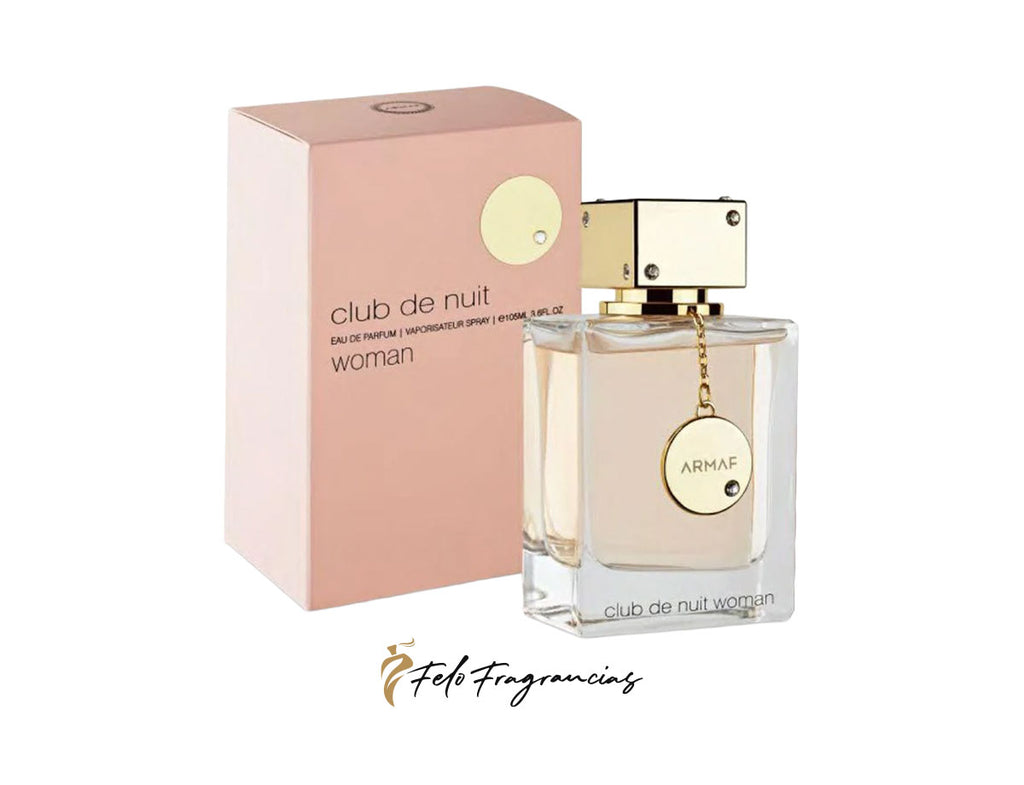 Perfume Armaf Club de Nuit woman, frasco transparente con tapa dorada y etiqueta
