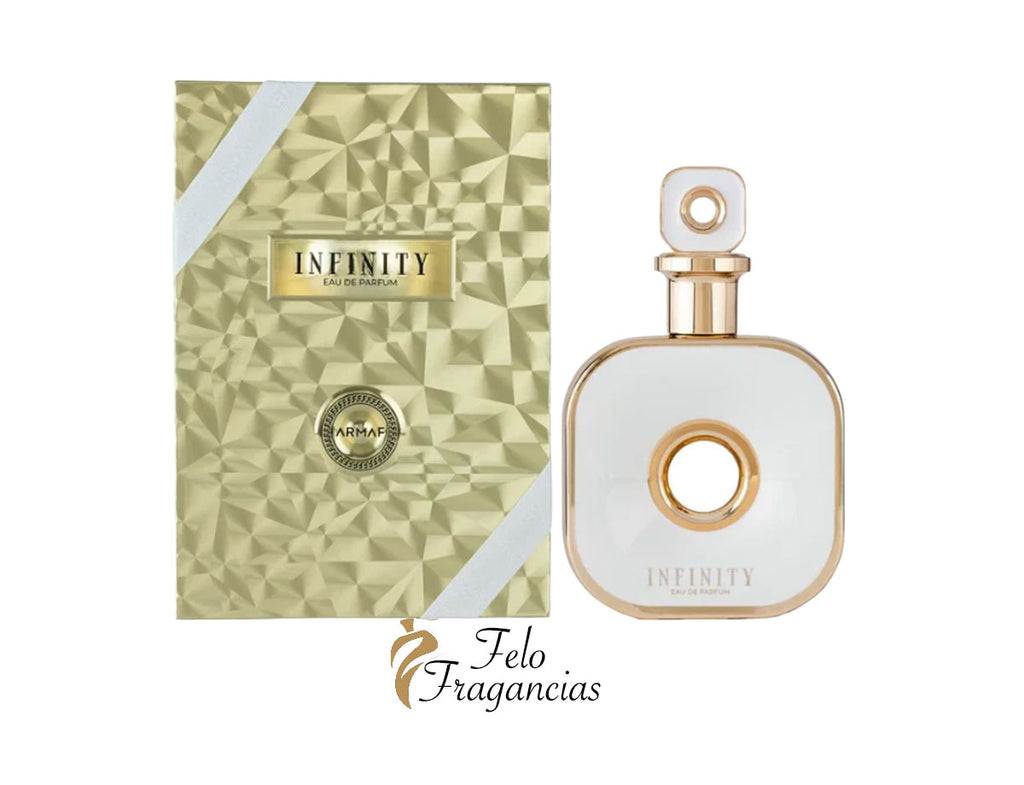 Infinity Eau de Parfum bottle with gold cap and Infinity label, with matching gift box