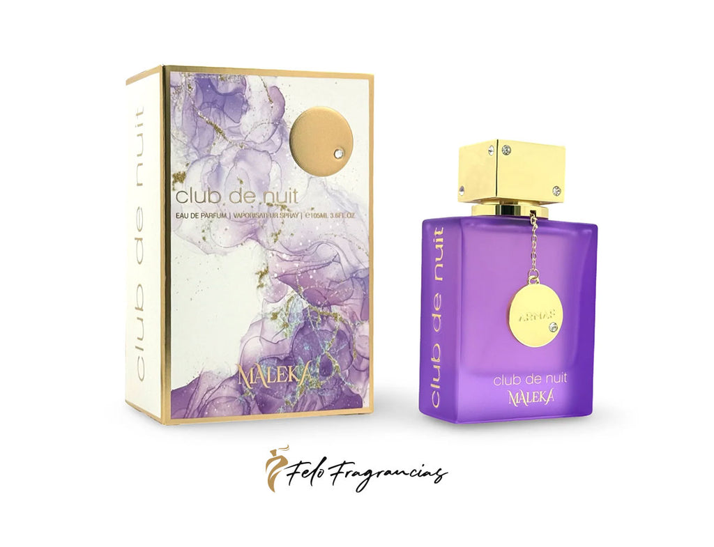 Armaf Club de Nuit Maleka 100ml eau de parfum bottle with purple glass and gold cap