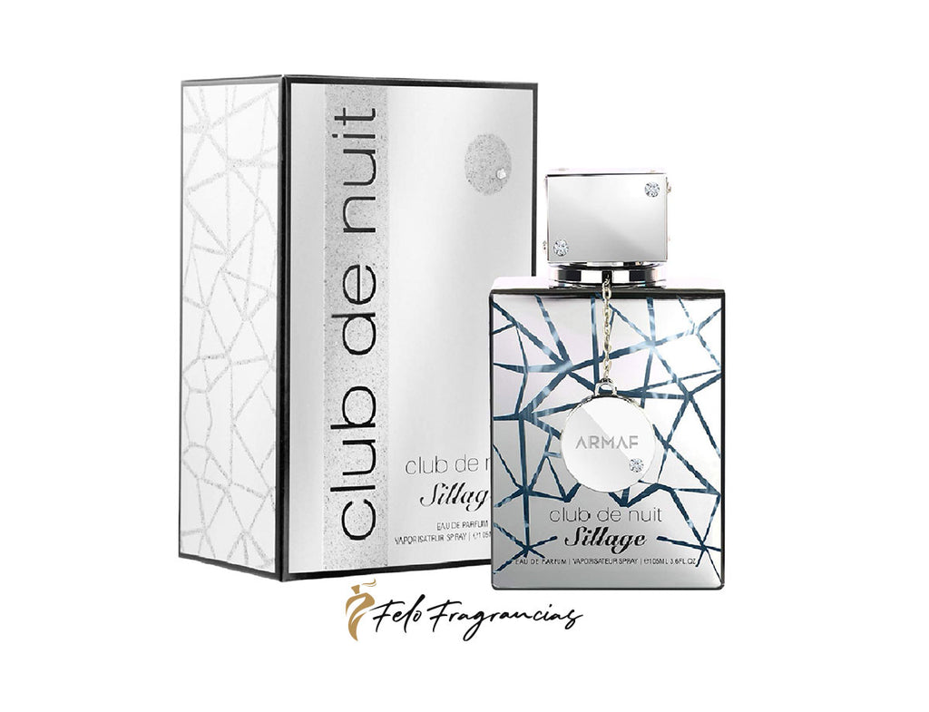 Perfume Armaf: frasco transparente con tapa plateada y caja con patrón geométrico azul.