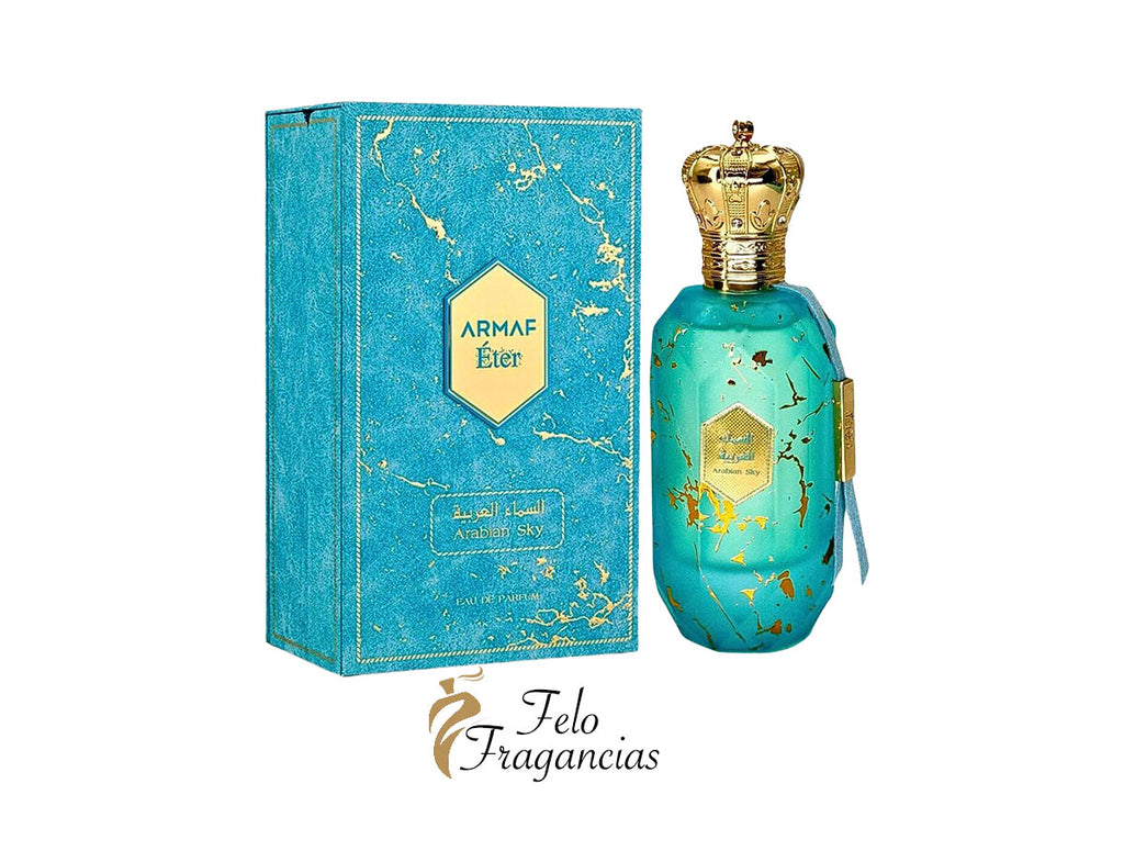 Armaf Eter Arabian Sky 100ml eau de parfum: teal glass bottle with gold cap, shown with box