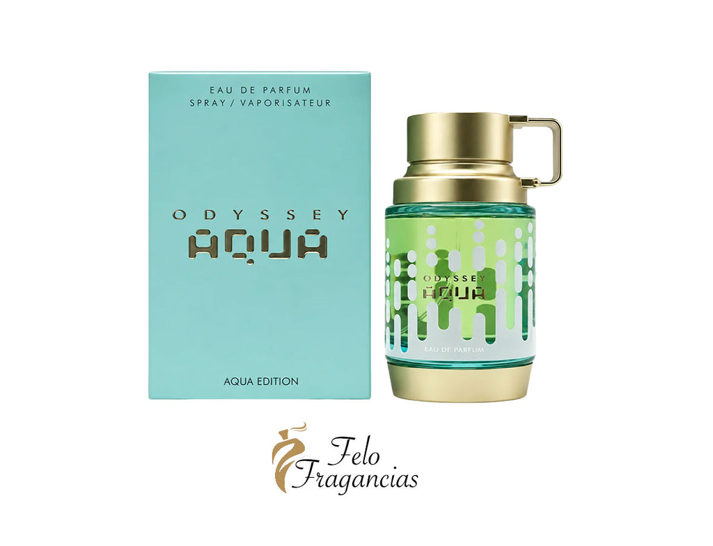 Perfume Armaf Odyssey Aqua Edition en botella con tapa dorada y etiqueta verde