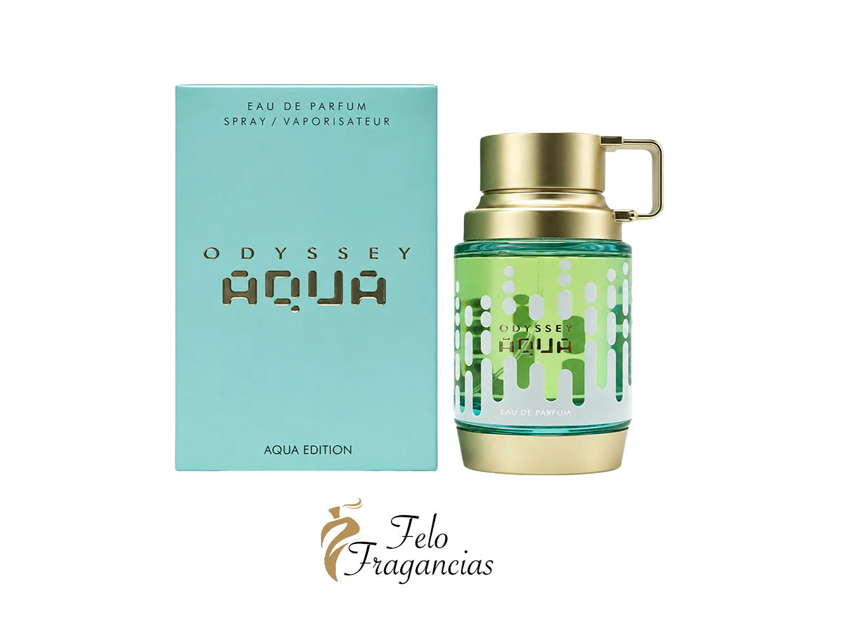 Perfume Armaf Odyssey Aqua Edition en botella con tapa dorada y etiqueta verde