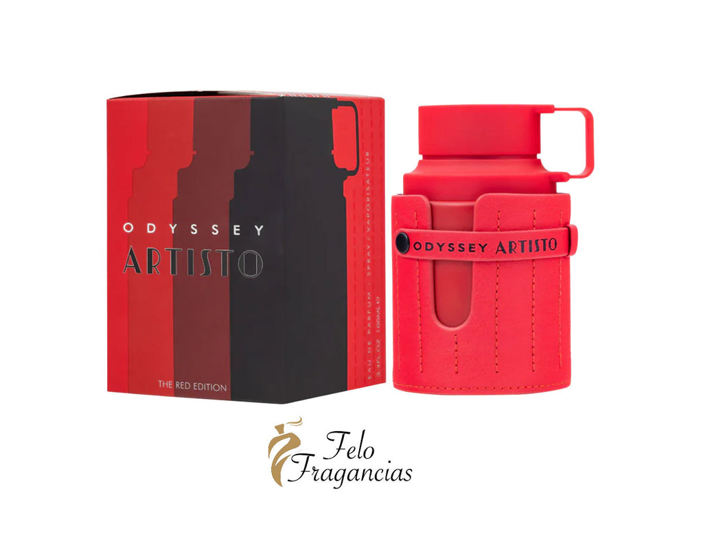 Armaf Odyssey Artisto red edition perfume set: red/black box and red bottle holder