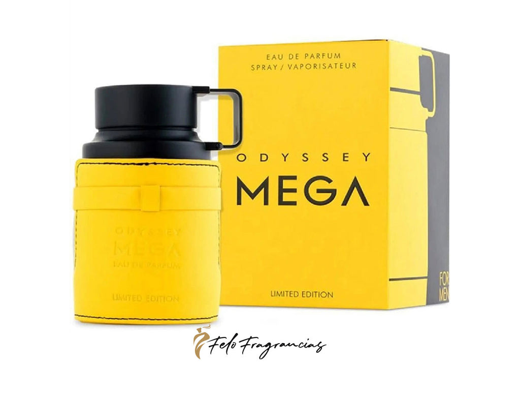 Perfume Armaf Odyssey Mega edición limitada, frasco amarillo con tapa negra y caja