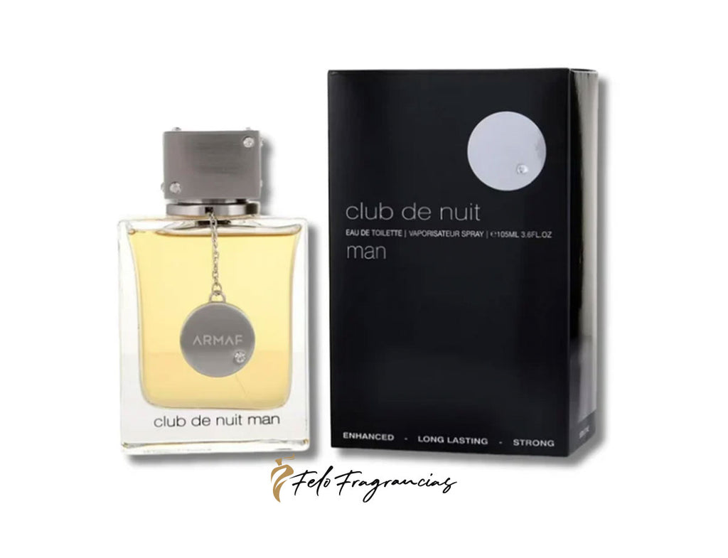 Club de nuit man eau de parfum: glass bottle with yellow liquid and matching box