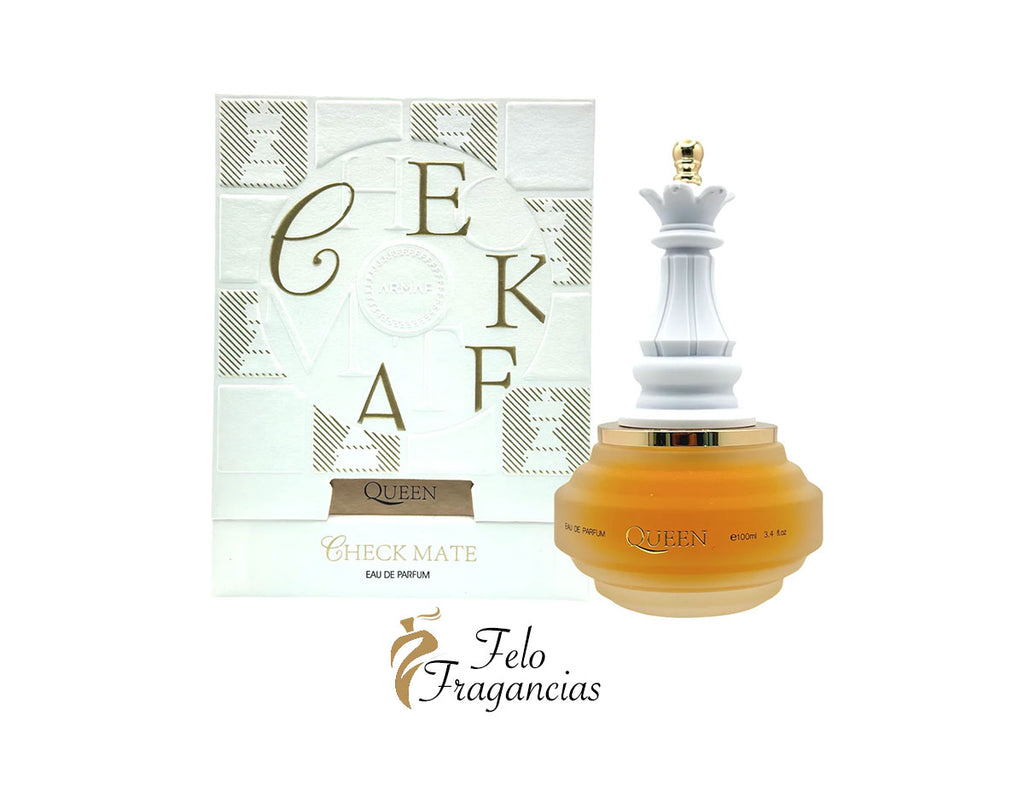 Perfume Armaf Queen Check Mate Eau de Parfum, frasco ámbar y tapa blanca