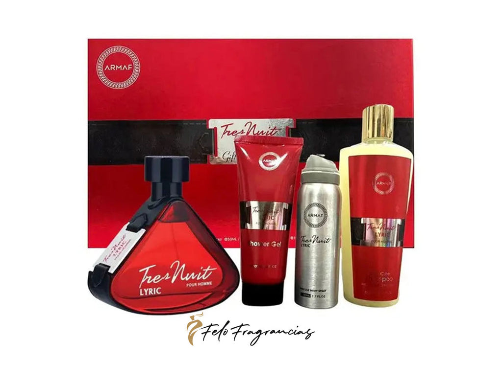 Men’s Tres Nuit Lyric 4-piece set: red pouch, spray bottle, lotion tube, gel bottle