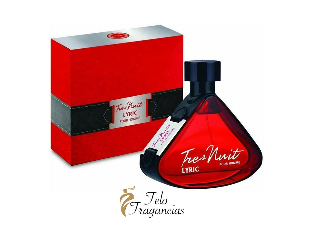Tres Nuit Lyric men eau de parfum: red bottle with black cap and matching box