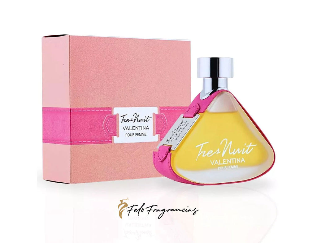 Tres Nuit Valentina EDP 100ml, heart-shaped pink bottle with white cap and box