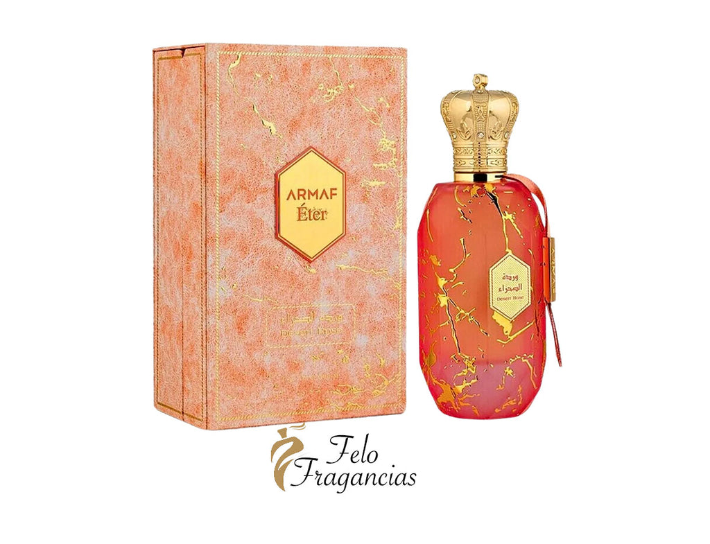 Desert Rose Eau de Parfum 100ml with ornate golden-crown bottle and matching gift box